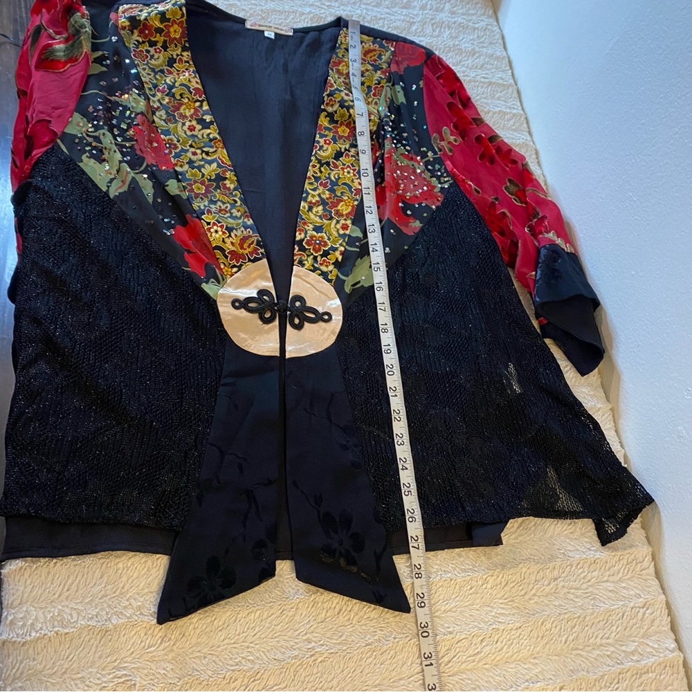 Spencer Alexis Red Black Floral Sheer Sleeve Velvet Detail Kimono Lace Size 2X - Picture 10 of 13